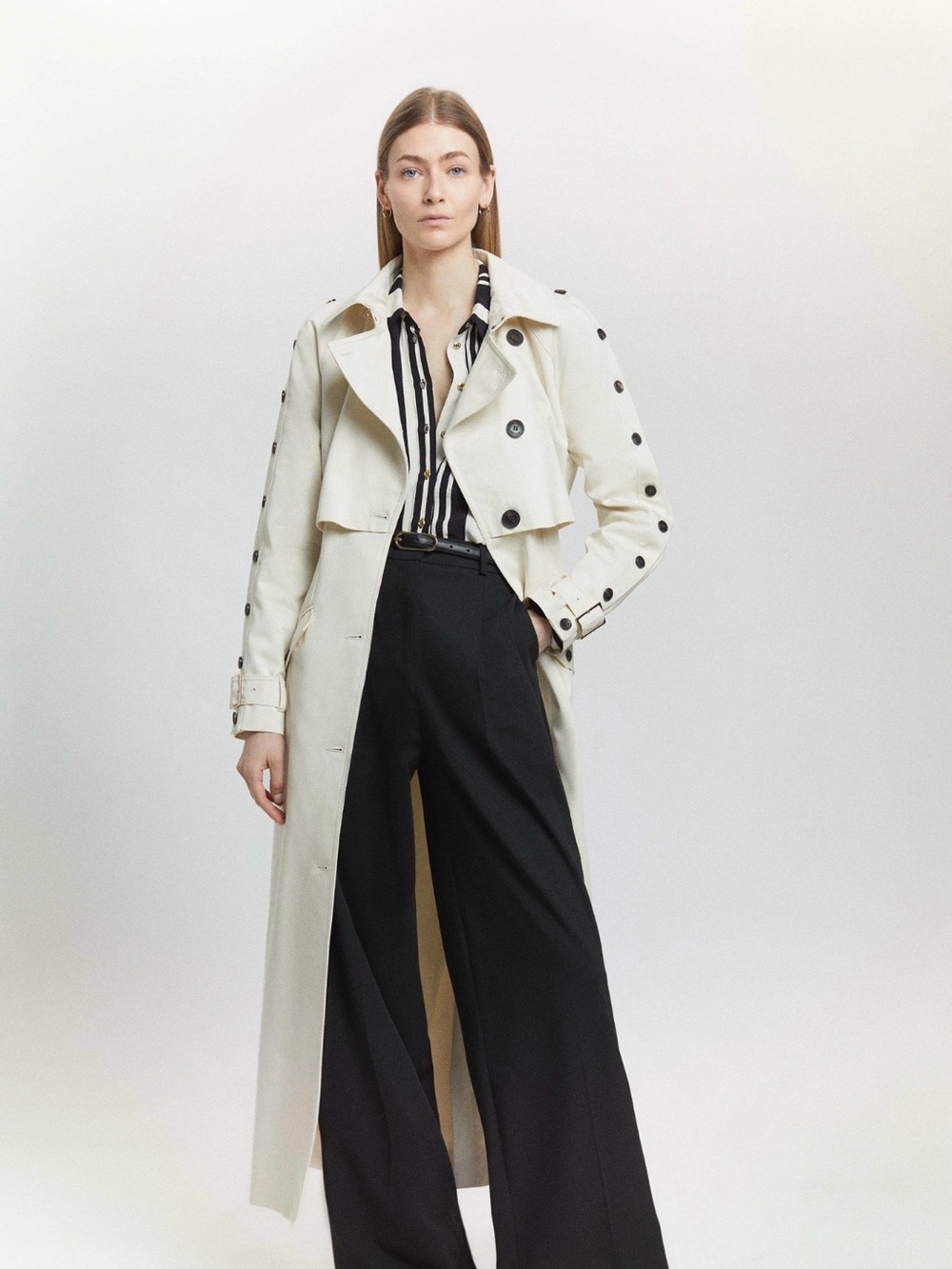 NWT Karen Millen Ivory Button Detail Belted Maxi Trench Coat sz 18